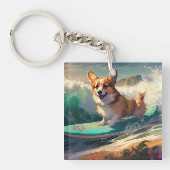 Porte-clefs Corgi Beach Surf Peinture (Devant)