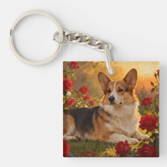 Porte-clefs Corgi dans les Roses VI (Devant)