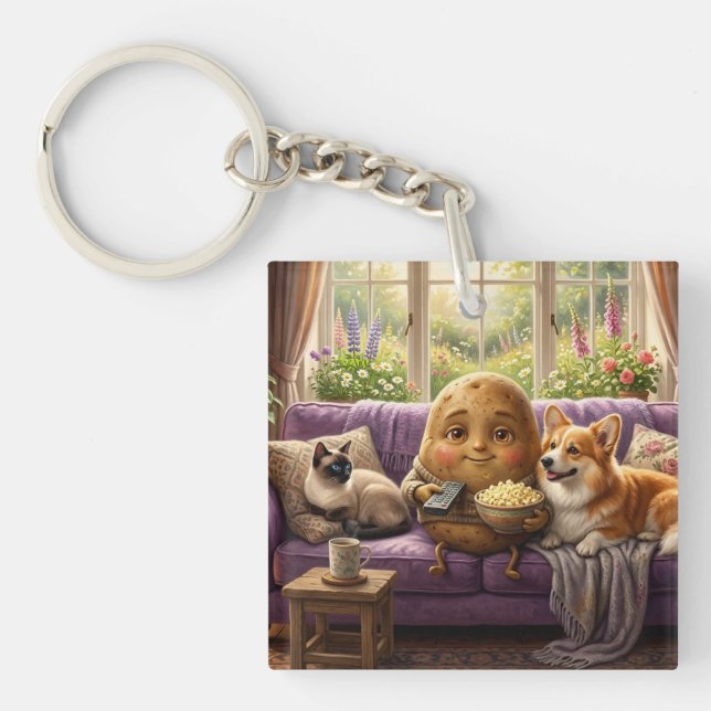 Porte-clefs Corgi et chat fainéant (Devant)