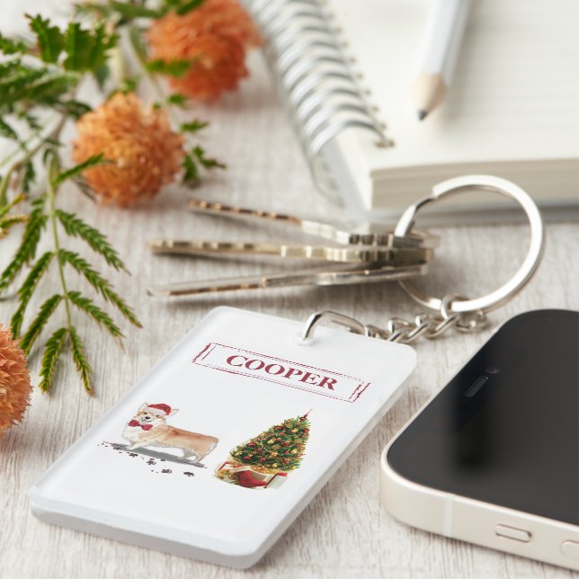 Porte-clefs Corgi Funny Chien de Noël avec arbre (Devant droit)