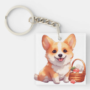 Porte-clefs Corgi joyeux avec un panier de pique-nique