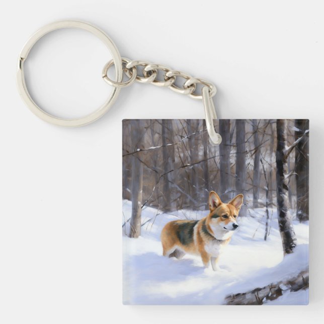 Porte-clefs Corgi Noël sous la neige (Devant)