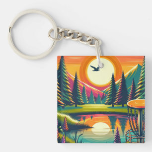Porte-clefs Coucher de soleil et arbres de golf de Disc Rétro