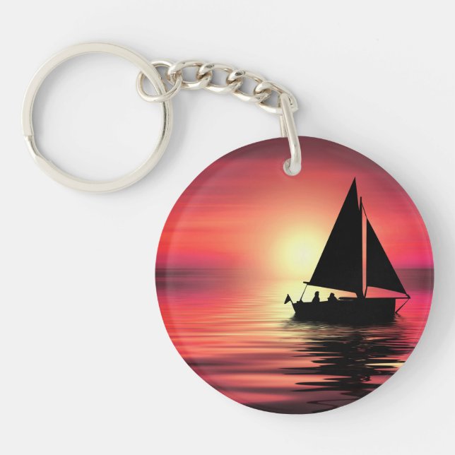 Porte-clefs Coucher de soleil, Mer, Bateau à voile (Devant)