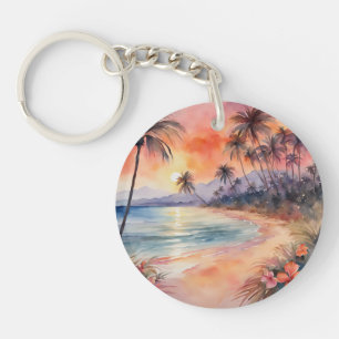 Porte-clefs Coucher de soleil rose orange Plage tropicale Palm