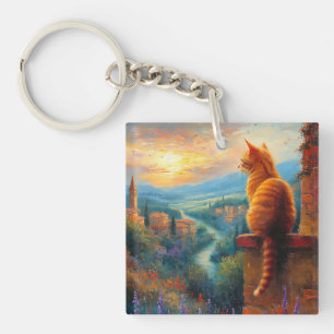 Porte-clefs Coucher de soleil toscan avec un chat roux
