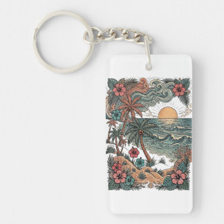 Porte-clefs Coucher de soleil vintage à Hawaï et palmiers