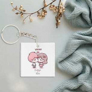 Porte-clefs Couple de baiser personnalisé style Chibi