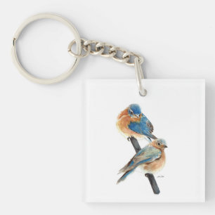 Porte-clefs Couple de merles bleus beaux-arts aquarelle