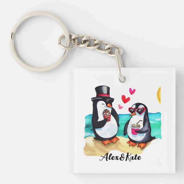 Porte-clefs Couple de pingouin drôle, Animaux en amour (Devant)