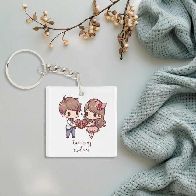 Porte-clefs Couple de Saint-Valentin de style Chibi personnali (Cute Personalized Chibi-Style Couple Keychain)