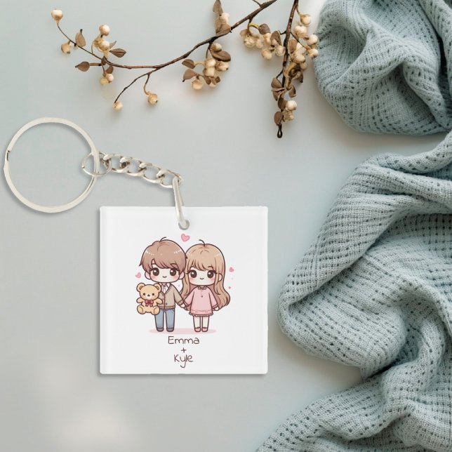 Porte-clefs Couple d'ours en peluche de style Chibi personnali (Cute Personalized Chibi-Style Teddy Bear Couple Keychain)