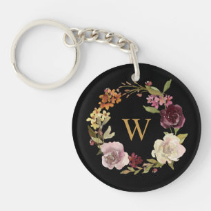 Porte-clefs Couronne de monogramme à l'aquarelle florale noir