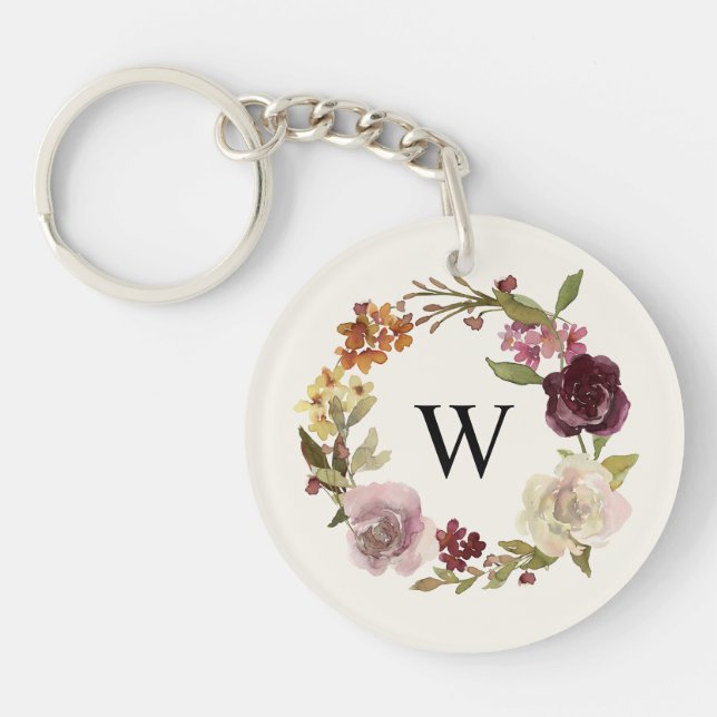 Porte-clefs Couronne de monogramme beige à l'aquarelle florale (Devant)