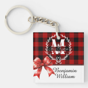 Porte-clefs Couronne de monogramme de Noël en carreaux de Buff
