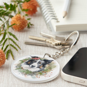 Porte-clefs Couronne de Noël Border Collie Chien de fête