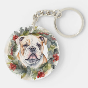 Porte-clefs Couronne de Noël Bulldog Chien de fête