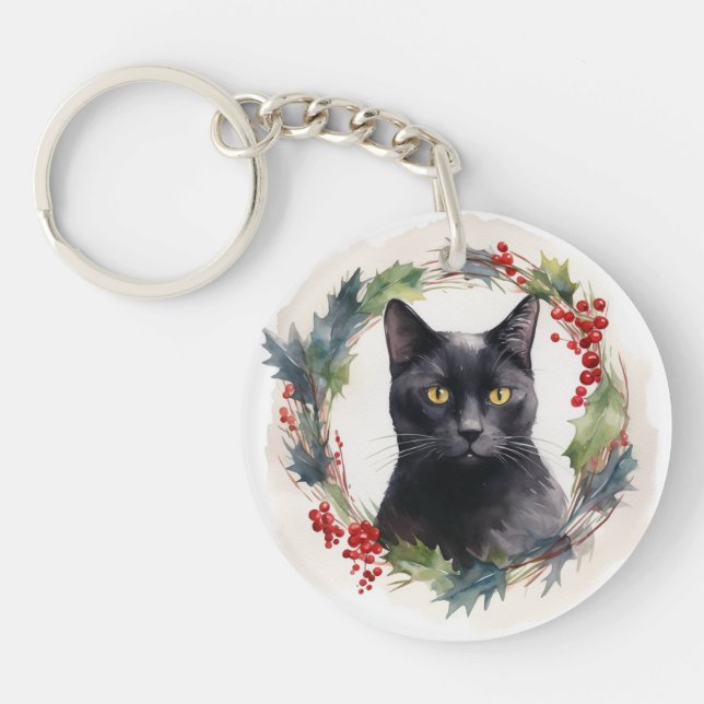 Porte-clefs Couronne de Noël Chat Noir Kit Chaton Festif (Devant)