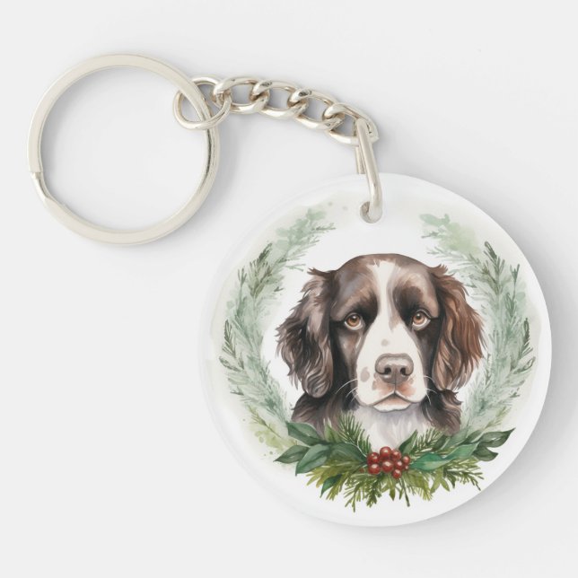 Porte-clefs Couronne de Noël de Springer spaniel Chien festif (Devant)
