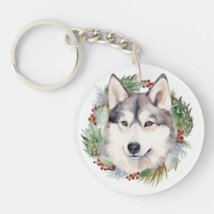 Porte-clefs Couronne de Noël festive avec Husky sibérien