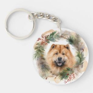 Porte-clefs Couronne de Noël festive Chow chow chiot