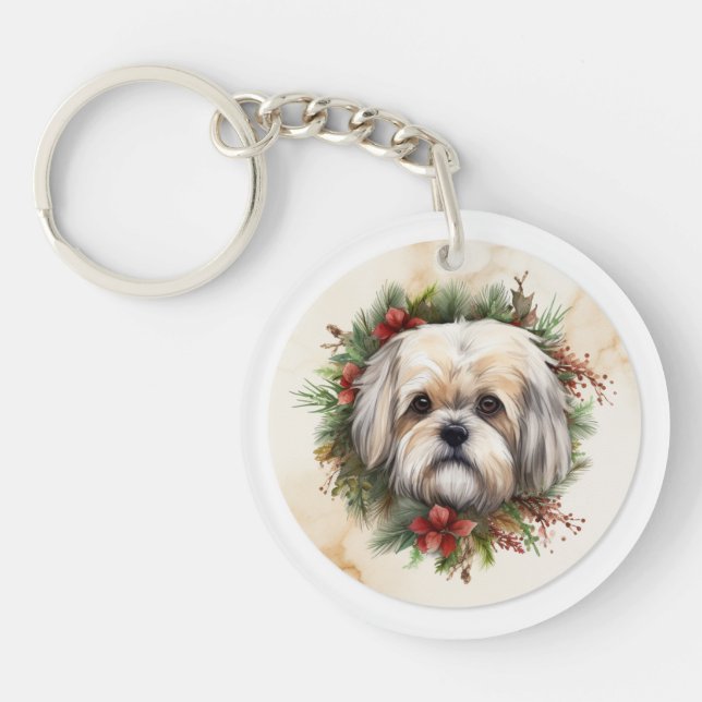 Porte-clefs Couronne de Noël festive Lhasa Apso (Devant)