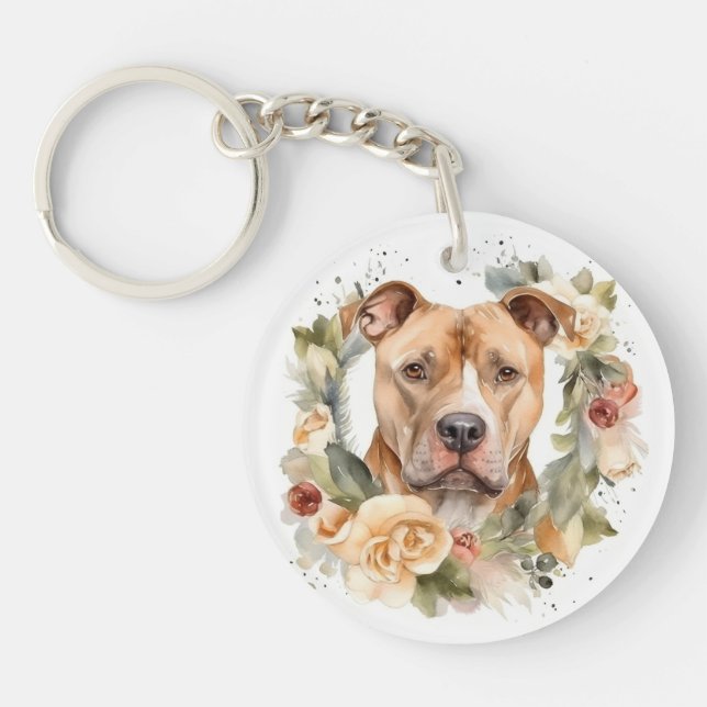 Porte-clefs Couronne de Noël Pitbull Chien de fête (Devant)