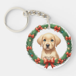 Porte-clefs Couronne festive de chiot Labrador à Noël