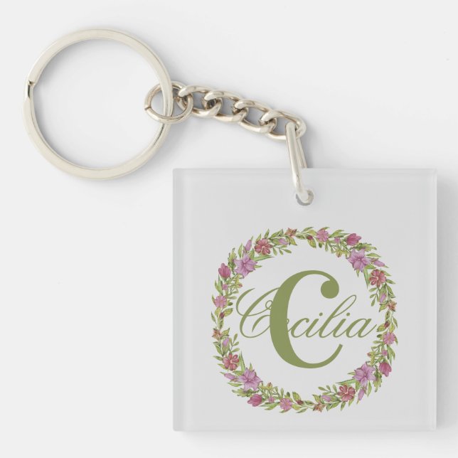 Porte-clefs Couronne florale personnalisée Nom Monogramme (Devant)