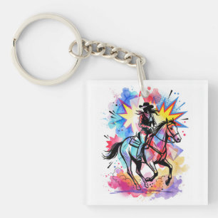 Porte-clefs Cowgirl Colorée Cheval Aquarelle Pop Art