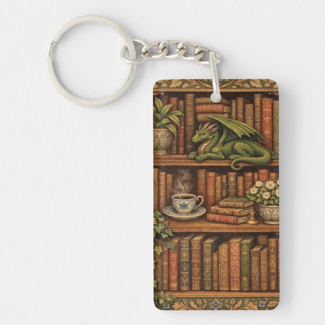 Porte-clefs Cozy retro book shelf dragon coffee tea lover (Devant)