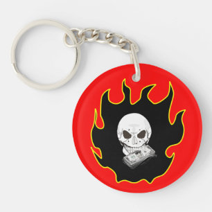 Porte-clefs Crâne Argent Flamme Mort Rouge Feu Noir Moker Keyc