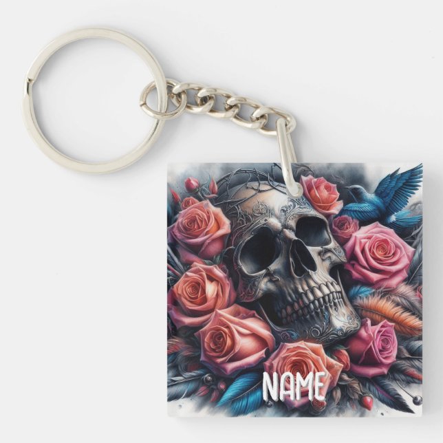 Porte-clefs Crâne avec Roses et Bluebird (Devant)
