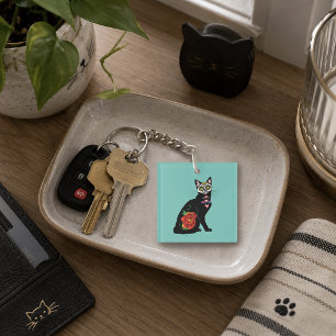 Porte-clefs Crâne de Sucre Chat Noir Rose Turquoise Cœur