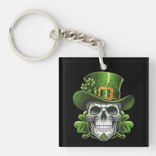 Porte-clefs Crâne de Sucre Fête de la Saint-Patrick Trèfle (Devant)