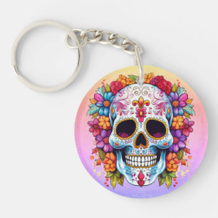 Porte-clefs Crâne de sucre floral pastel