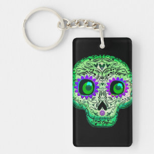 Porte-clefs Crâne de sucre noir illuminé vert et violet pour H