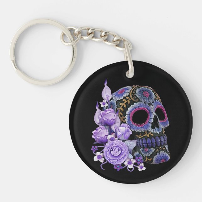 Porte-clefs Crâne de sucre noir violet Floral Jour des morts (Devant)