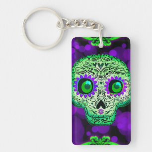 Porte-clefs Crâne de sucre vert et violet brillant Halloween