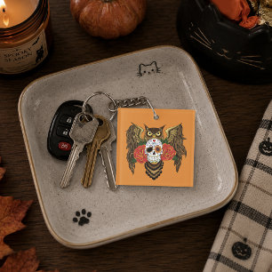Porte-clefs Crâne de sucre vibrant Hibou Roses rouges