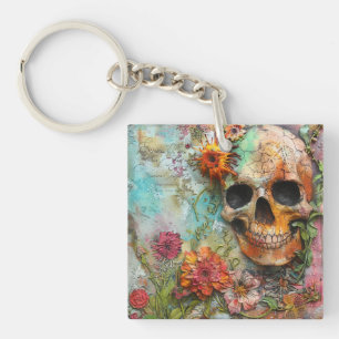 Porte-clefs Crâne et fleurs colorées mignonnes