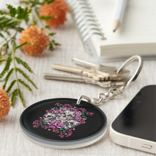 Porte-clefs Crâne floral, squelette aquarelle rose, Halloween.