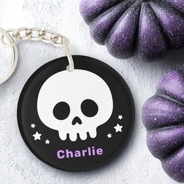 Porte-clefs Crâne mignon avec étoiles et nom pourpre (Cute skull with stars and purple name keychain)