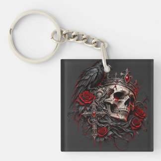 Porte-clefs Crâne Royal Gothique avec Couronne, Corbeau et Ros