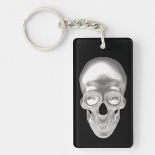 Porte-clefs Crâne, tête de mort argentée en 3D -