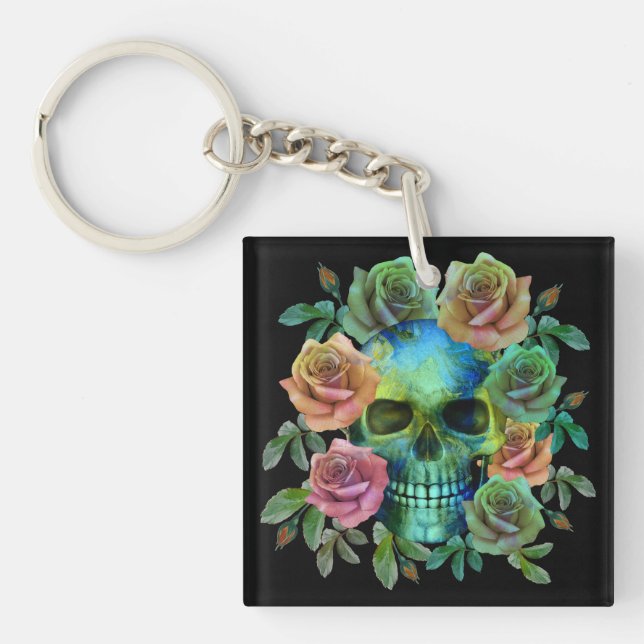 PORTE-CLEFS CRÂNE VERT DE LA MORT AVEC FLEURS (Devant)
