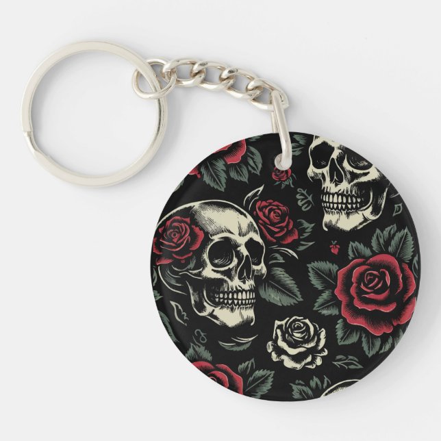 Porte-clefs Crânes et roses rouges Floral gothique (Devant)