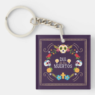 Porte-clefs Crânes florales colorées Dia de Muertos   Porte-cl