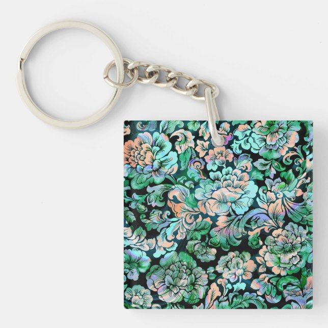 Porte-clefs Crayon Floral en vert et Pêche (Devant)