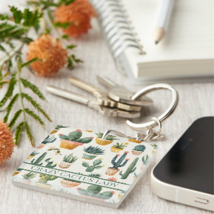 Porte-clefs "Crazy cactus lady ! texte sur un dessin de cactus